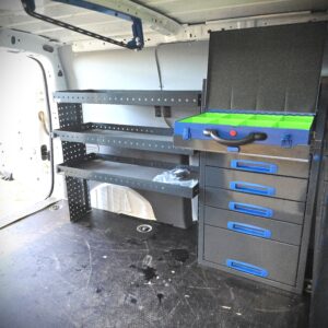 Ford Transit Connect van shelving and drawer system installed in cargo area