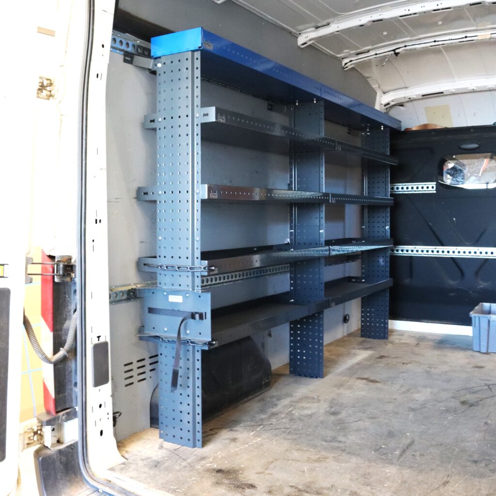 260 cm Ford Transit L3H3 long side shelving system with open shelves inside a cargo van