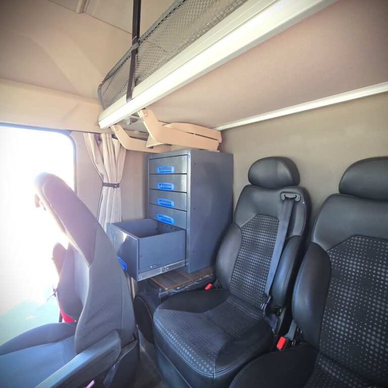 50 cm drawer unit installed inside a truck cab for small accessories and tools