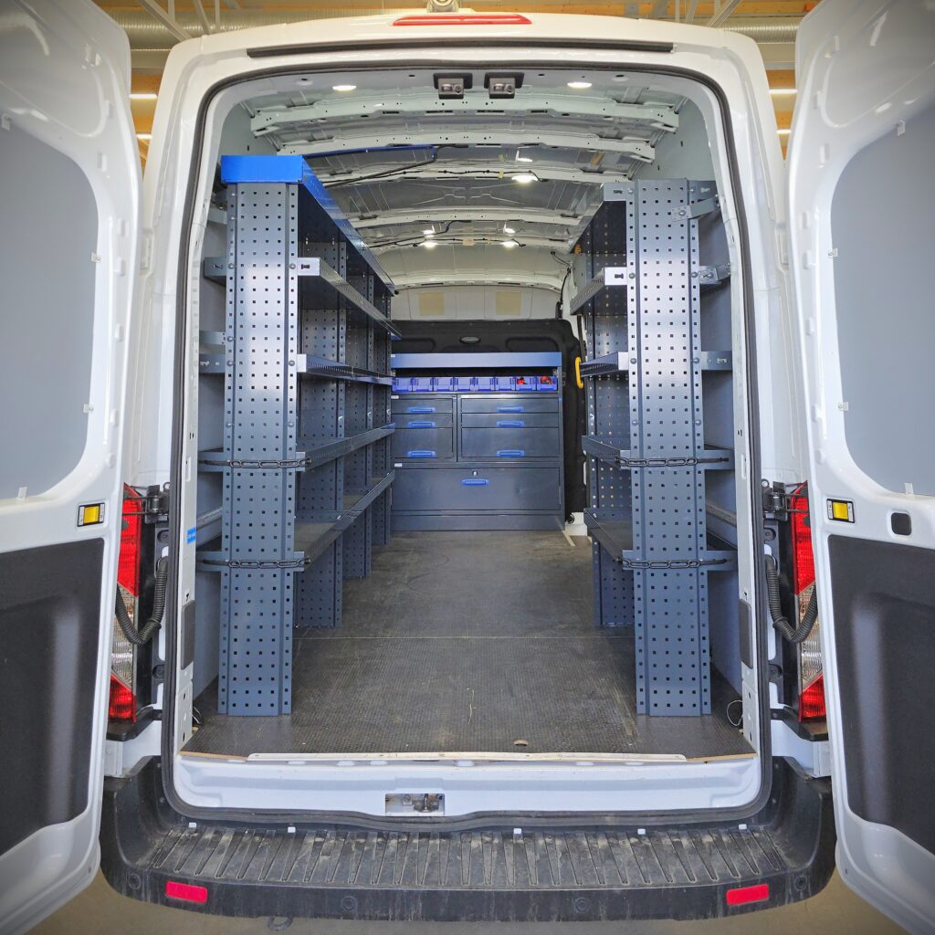 Ford Transit L4H3 van shelving system with open shelves and drawer storage for construction work