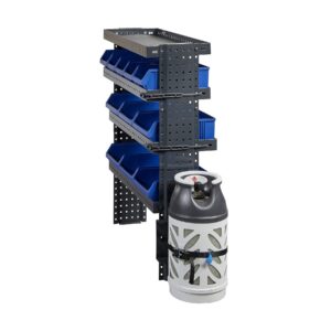 Gas cylinder holder for van shelving unit with one secured gas cylinder