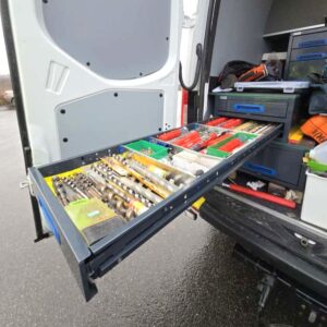 Long drawer unit for van fully extended with organised tools and accessories