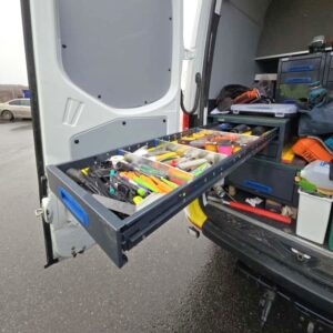 Long drawer unit for van fully extended with organised tools and accessories