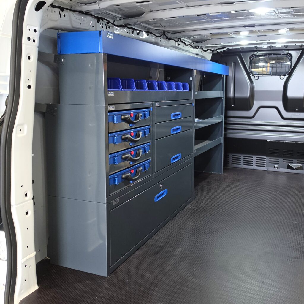Ford Transit Custom 230 cm van racking unit with cases on the long side