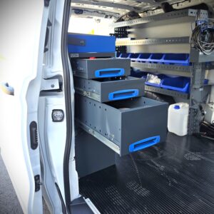 Van racking with end drawers on the short right side wall of a long Ford Transit Custom, 127 cm long, 96 cm high