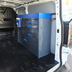 Van racking with end drawers on the short right side wall of a long Ford Transit Custom, 127 cm long, 96 cm high