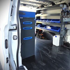 Van racking with end drawers on the short right side wall of a long Ford Transit Custom, 127 cm long, 96 cm high