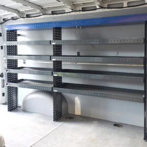 230 cm van shelving unit, 150 cm high, installed along the side of a Volkswagen Crafter