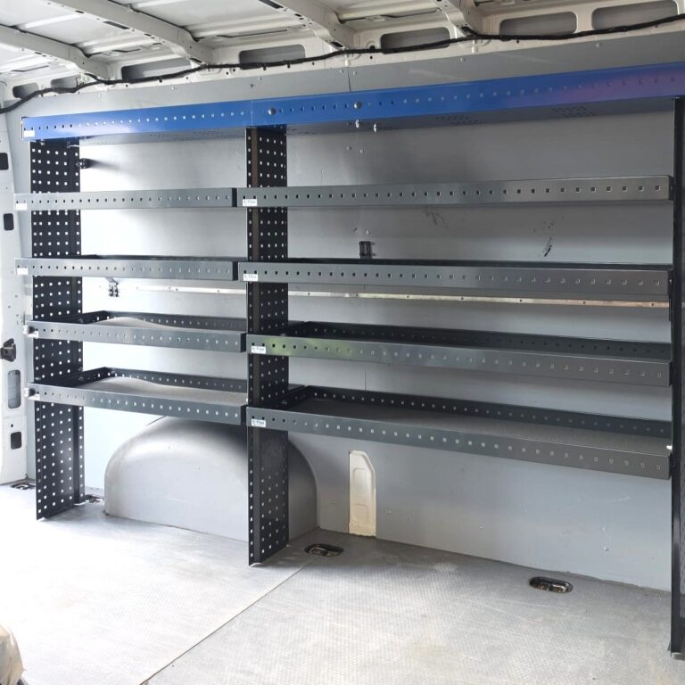 230 cm van shelving unit, 150 cm high, installed along the side of a Volkswagen Crafter