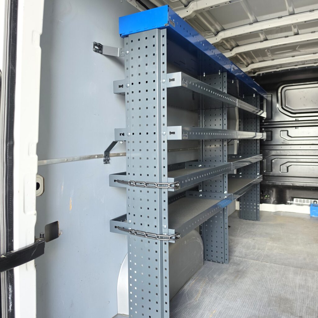 230 cm van shelving unit, 150 cm high, installed along the side of a Volkswagen Crafter