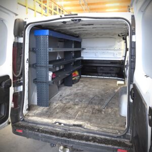 Renault Trafic van with a 230 cm shelving unit installed on the long side wall
