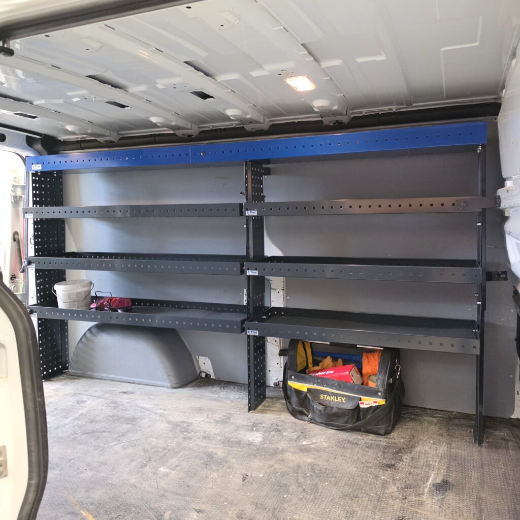 Renault Trafic van with E-Flex shelving unit installed on the long side wall