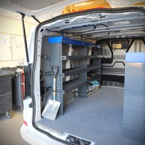 200 cm open van shelving installed on the left side wall of a Volkswagen Transporter T7 service van