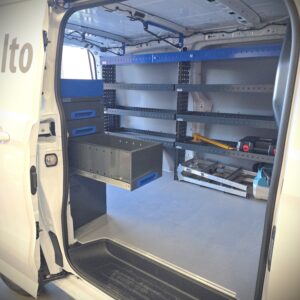 Open drawer in a 100 cm van racking unit installed in a Volkswagen Transporter T7 service van