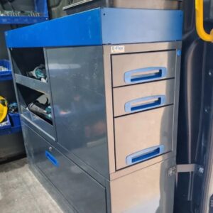 127 cm end-opening van shelving unit with drawers and open shelves installed in a Ford Transit