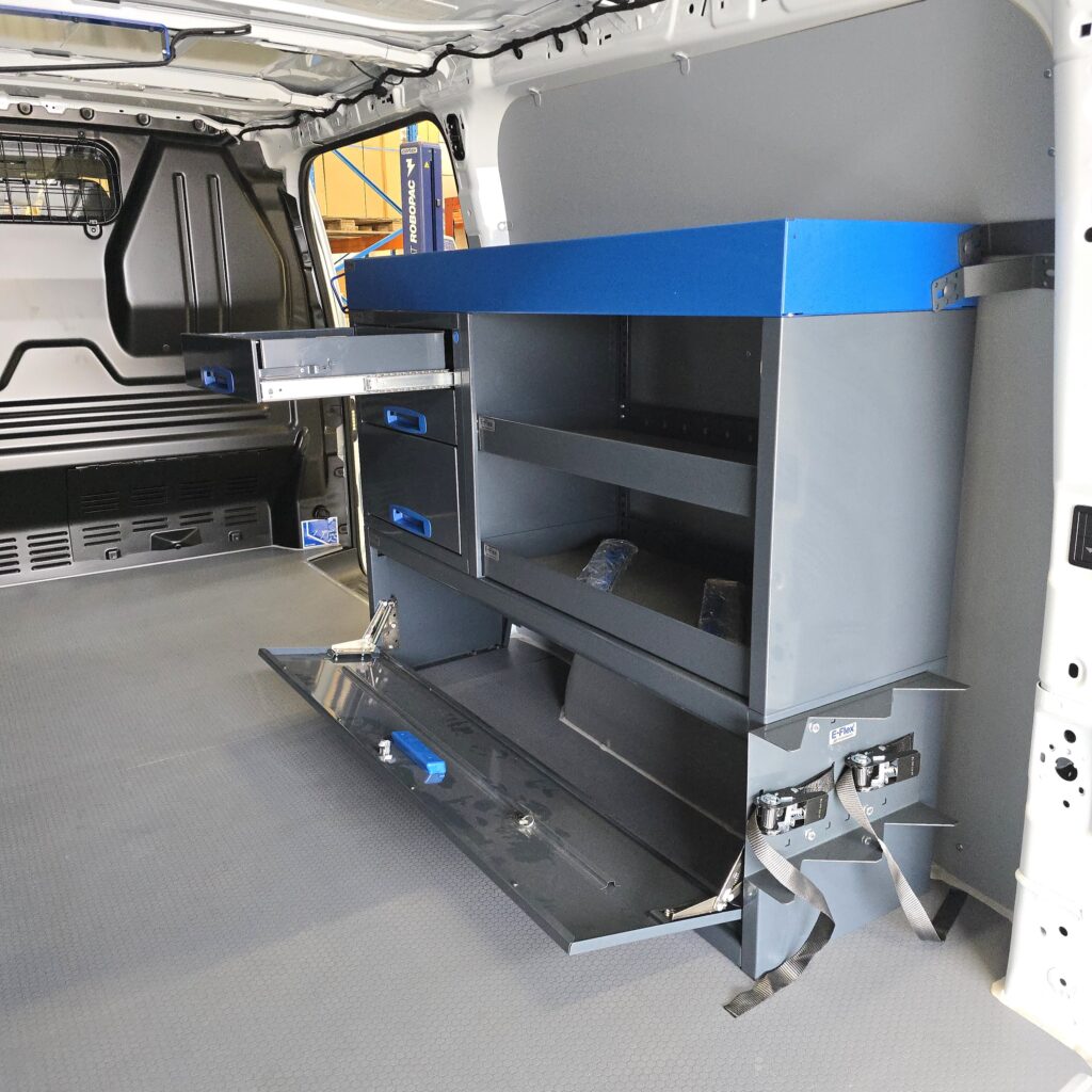 127 cm van shelving unit with drawers and open shelves height 96 cm Volkswagen Transporter T7