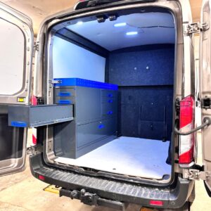 Ford Transit L3 with a 152 cm van shelving unit installed along the left side wall, featuring drawers that pull out through the rear doors.