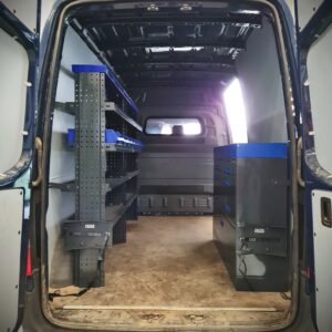 E-Flex 152 cm van racking unit with drawers installed on the right side wall of a van, with open shelving on the left