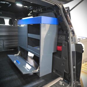 VW ID. Buzz van with 100 cm racking unit, end drawers, shelves, and slim lower unit height 96 cm installed in cargo area.