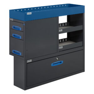 100 cm päädystä aukeava hyllykkö / laatikosto avohyllyillä kapea alakaappi