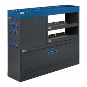 127 cm päädystä aukeava hyllykkö / laatikosto avohyllyllä