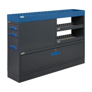 152 cm päädystä aukeava hyllykkö / laatikosto avohyllyillä