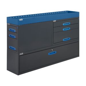 152 cm päädystä aukeava hyllykkö / laatikosto vetolaatikoilla