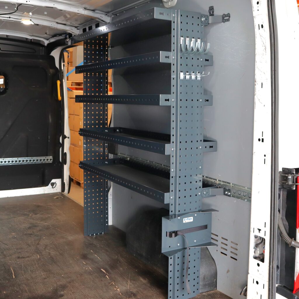 130 cm Ford Transit van shelving unit with open shelves installed inside a cargo van (transit l3 short side)