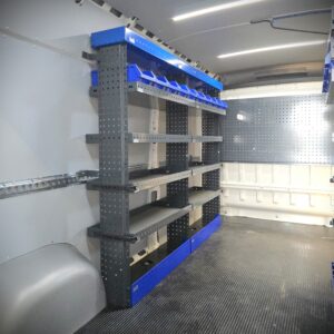 200 cm van shelving unit, height 150 cm. Durable E-Flex racking for professional van storage.
