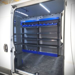 Opel Movano 200 cm van shelving unit, height 150 cm. Durable E-Flex racking solution for professional use.