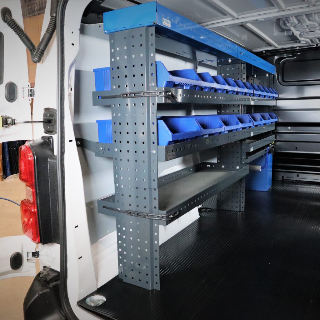 Citroen Jumpy long side van shelving system installed on the full length side wall with E-Flex steel shelves
