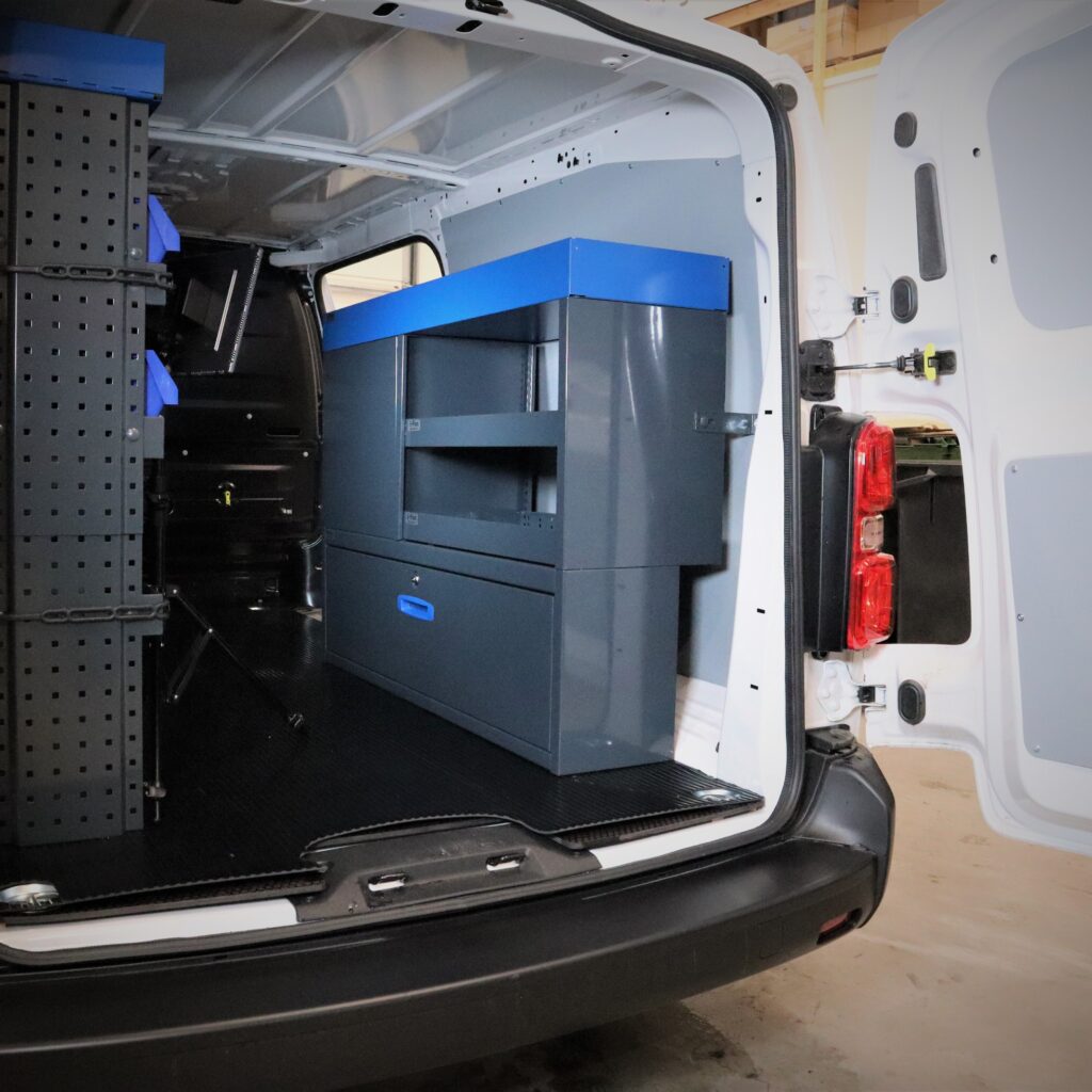 Citroen Jumpy short side van shelving system installed behind the sliding door with E-Flex steel shelves
