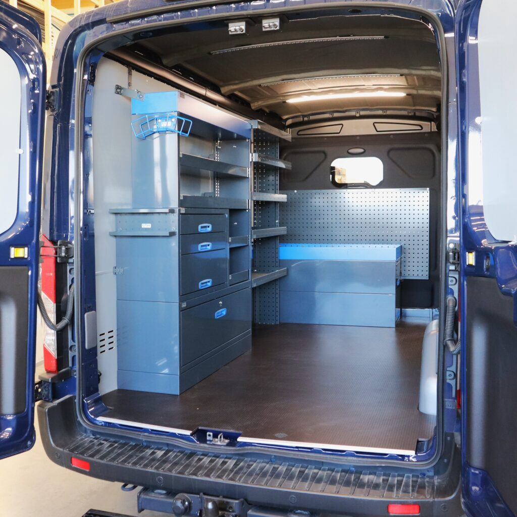 E-Flex van shelving system installed in Ford Transit – durable storage solution