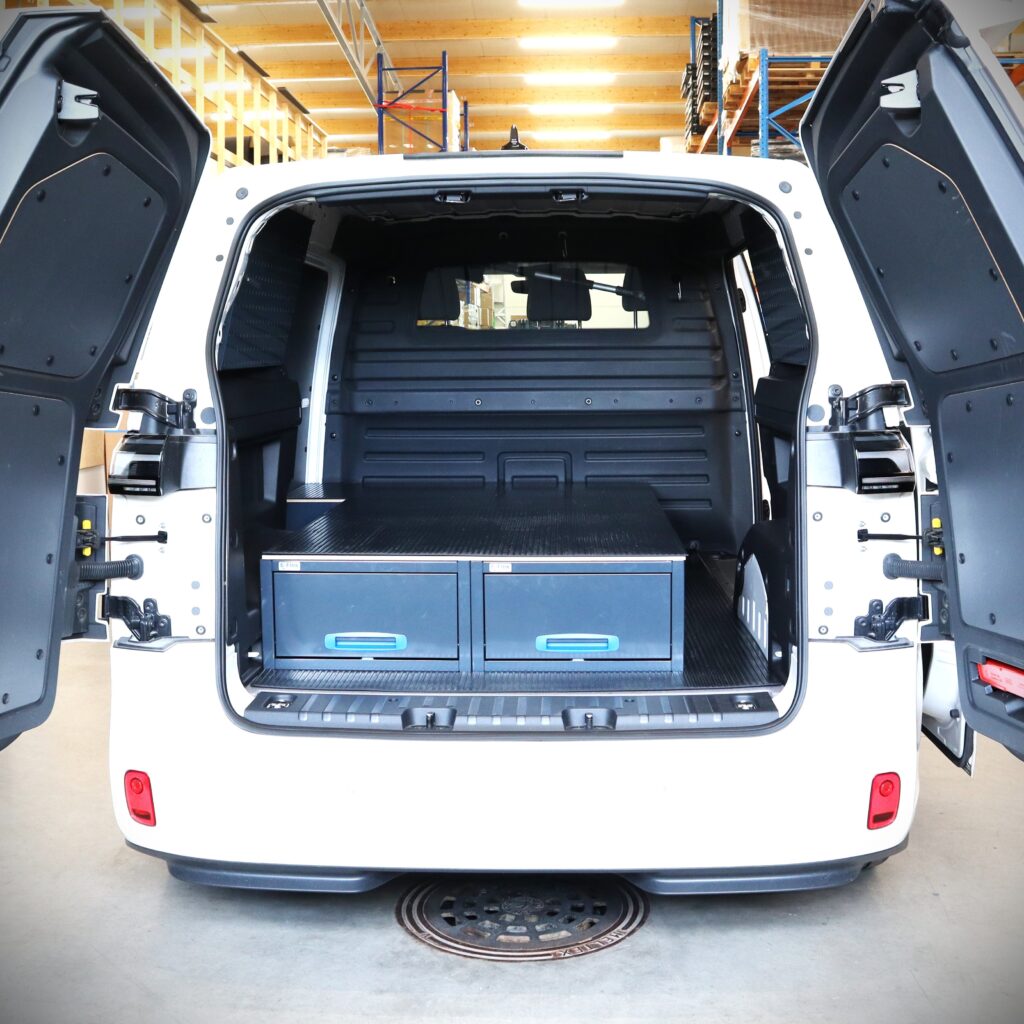 VW ID Buzz cargo van with long pull-out drawers for organized storage