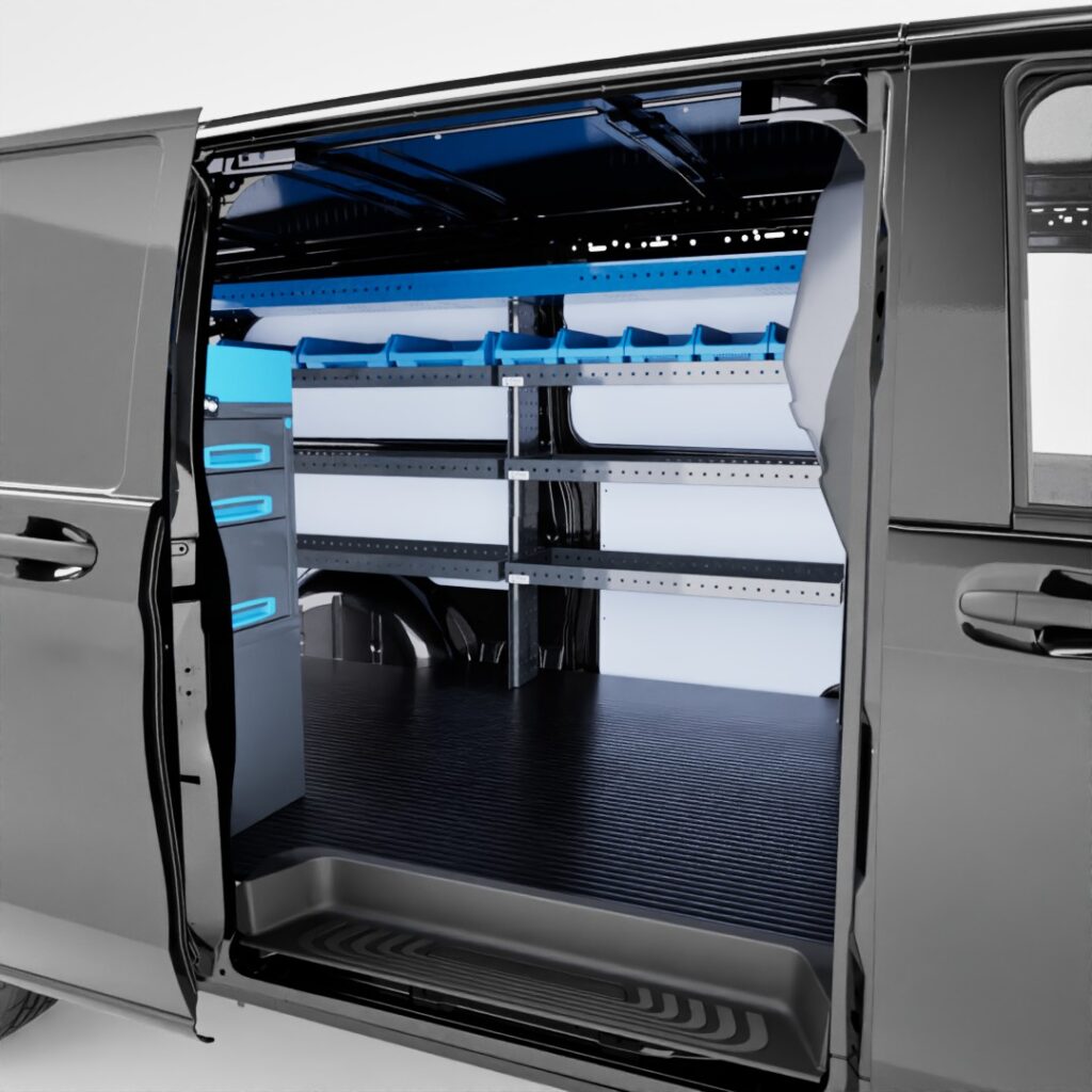 Mercedes-Benz Vito A3 van shelving kit viewed from the sliding door with shelves and drawers on both side walls.