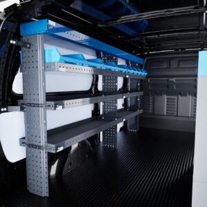 Mercedes-Benz Vito A3 van shelving kit with a 230 cm shelving unit and storage boxes installed on the left side wall.