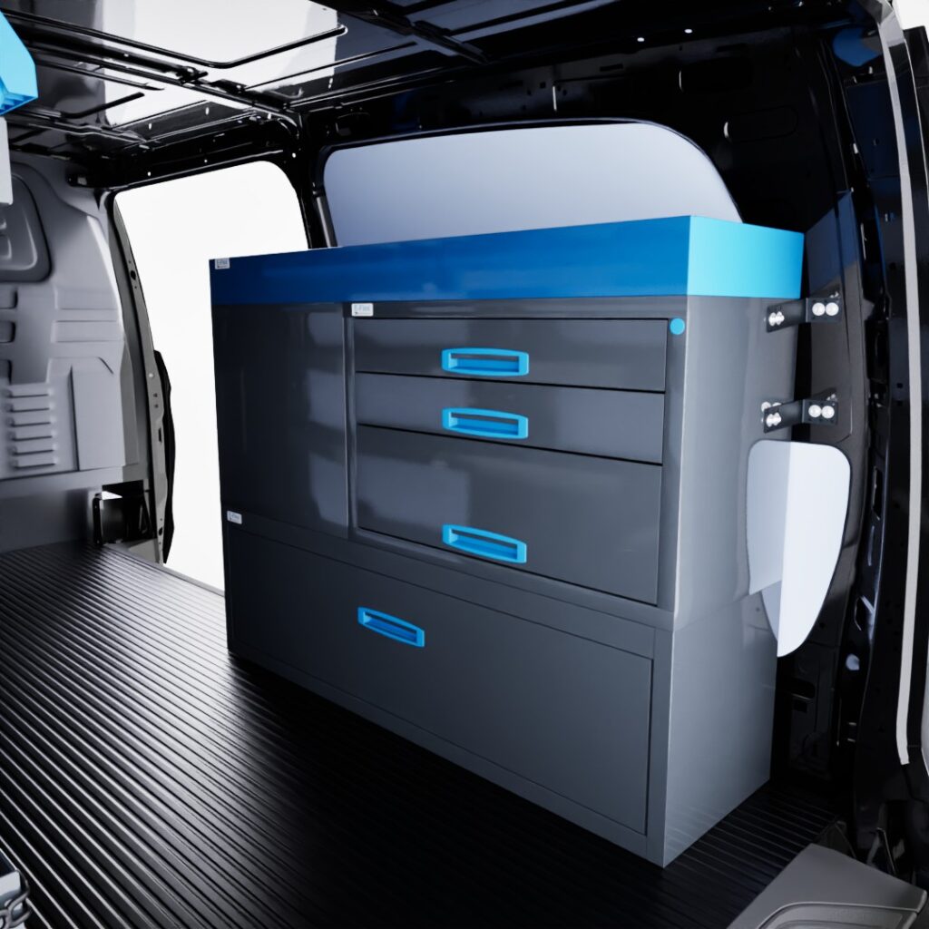 Mercedes-Benz Vito A3 short side van shelving kit with 127 cm right-side racking unit featuring end-opening drawers.