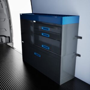 Mercedes-Benz Vito A3 van shelving kit with a 127 cm racking unit and end drawers installed on the right side wall.