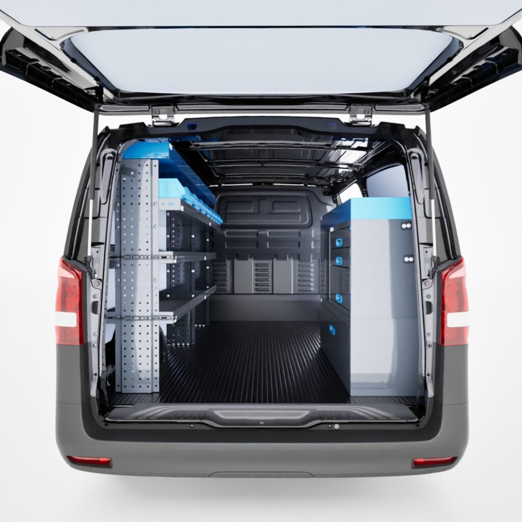 Mercedes-Benz Vito van shelving kit installed on the side wall with shelves and drawers for organized tool storage.