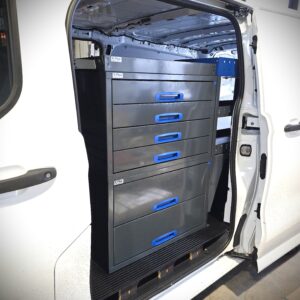 Ford Transit Custom 76 cm drawer tower with top shelf accessible from the driver side sliding door in a double sliding door van