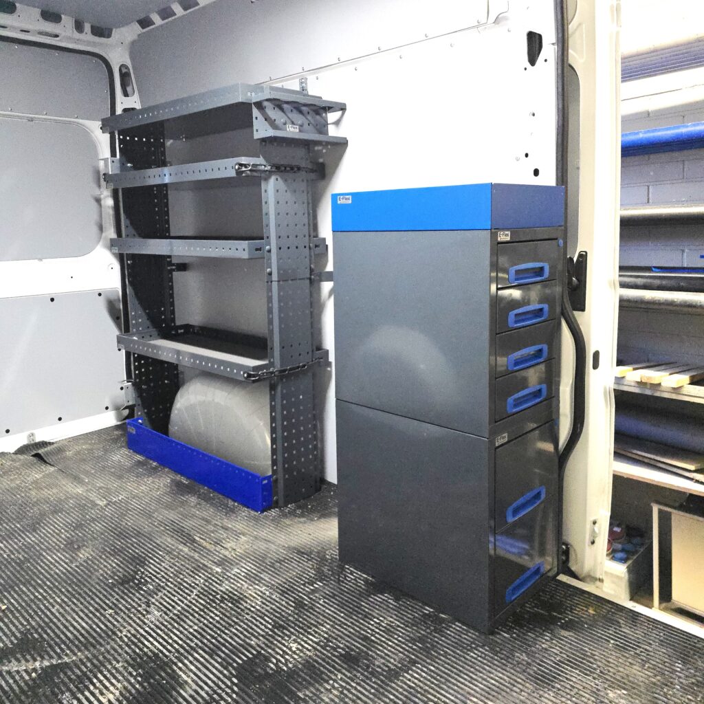 150 cm end opening van shelving and drawer unit 120 cm high installed in Toyota Proace Max