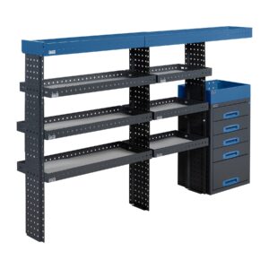 210 cm van racking unit height 120 cm with open shelves and wide drawer unit installed on the side wall of a work van