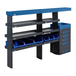 210 cm van racking unit height 120 cm with wide drawer unit and open shelving installed on the side wall of a work van