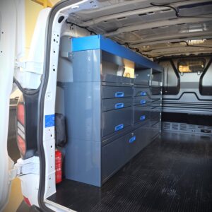Ford Transit Custom with 230 cm van racking unit and extra drawers installed on the left side wall