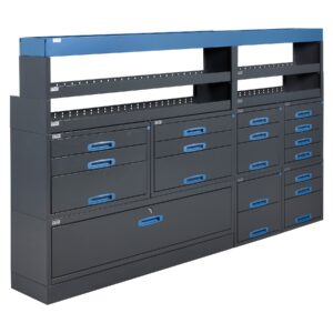 254 cm van racking unit with extra drawers height 154 cm installed on the side wall of a work van