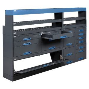 254 cm van racking unit with extra drawers height 154 cm installed on the side wall of a work van