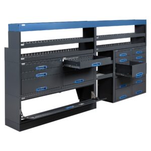 304 cm van racking unit with extra drawers height 154 cm installed in a large service van
