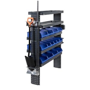 Shovel and pry bar holder mounted on van shelving end panel