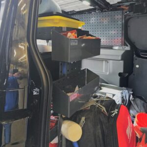 storage box for van mounted on van shelving system for small tools and accessories