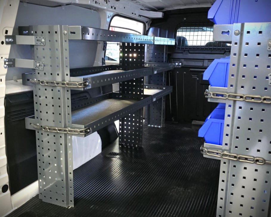 Citroen Berlingo long side van shelving system installed on the full length driver side wall with E-Flex steel shelves